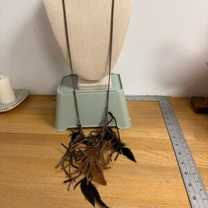 Leather cord long lanyard necklace with brown feathers